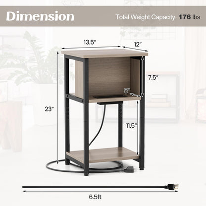 Goflame Nightstand with Charging Station, 3-Tier End Table with USB Ports & Power Outlets
