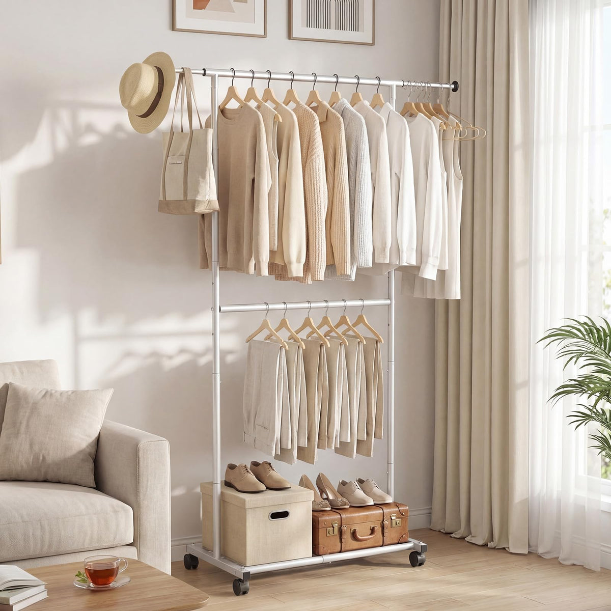 Goflame Extendable Double-Rod Rolling Clothing Rack for Hanging Clothes