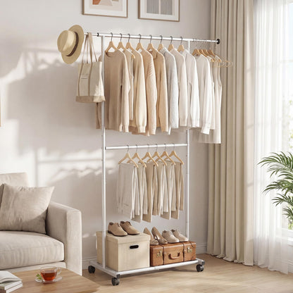 Goflame Extendable Double-Rod Rolling Clothing Rack for Hanging Clothes