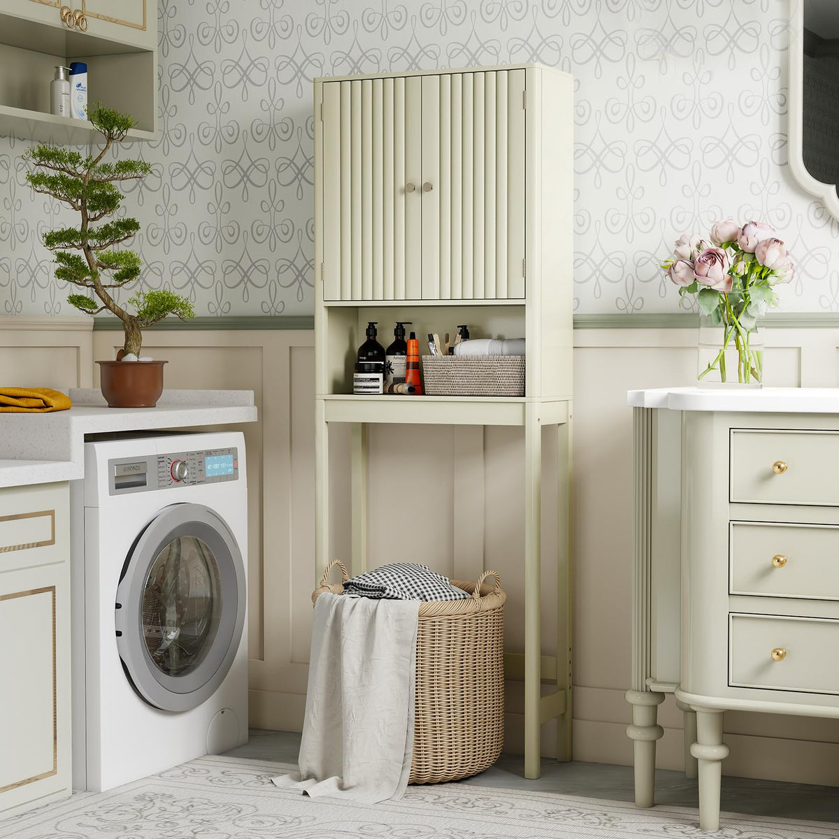 Goflame Over The Toilet Storage Cabinet with Fluted Doors