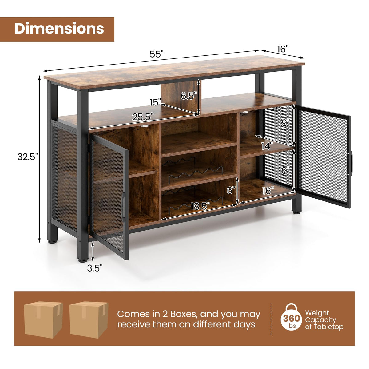 Goflame Coffee Bar Cabinet for Liquor and Glasses, 55” Buffet Sideboard with 8-Bottle Wine Racks, 6 Rows of Wine Glass Holders