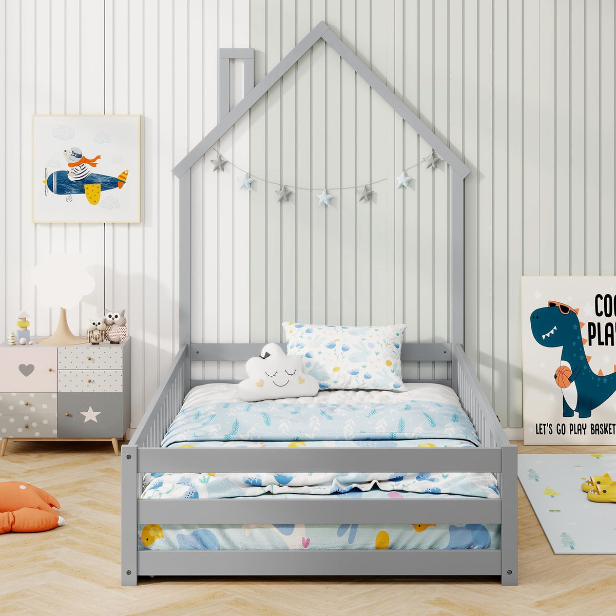 Goflame Twin Floor Bed, House-Shaped Montessori Bed Frame with Headboard, Full-Length Guardrail