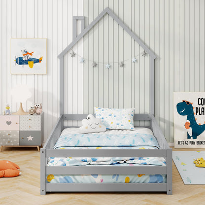 Goflame Twin Floor Bed, House-Shaped Montessori Bed Frame with Headboard, Full-Length Guardrail