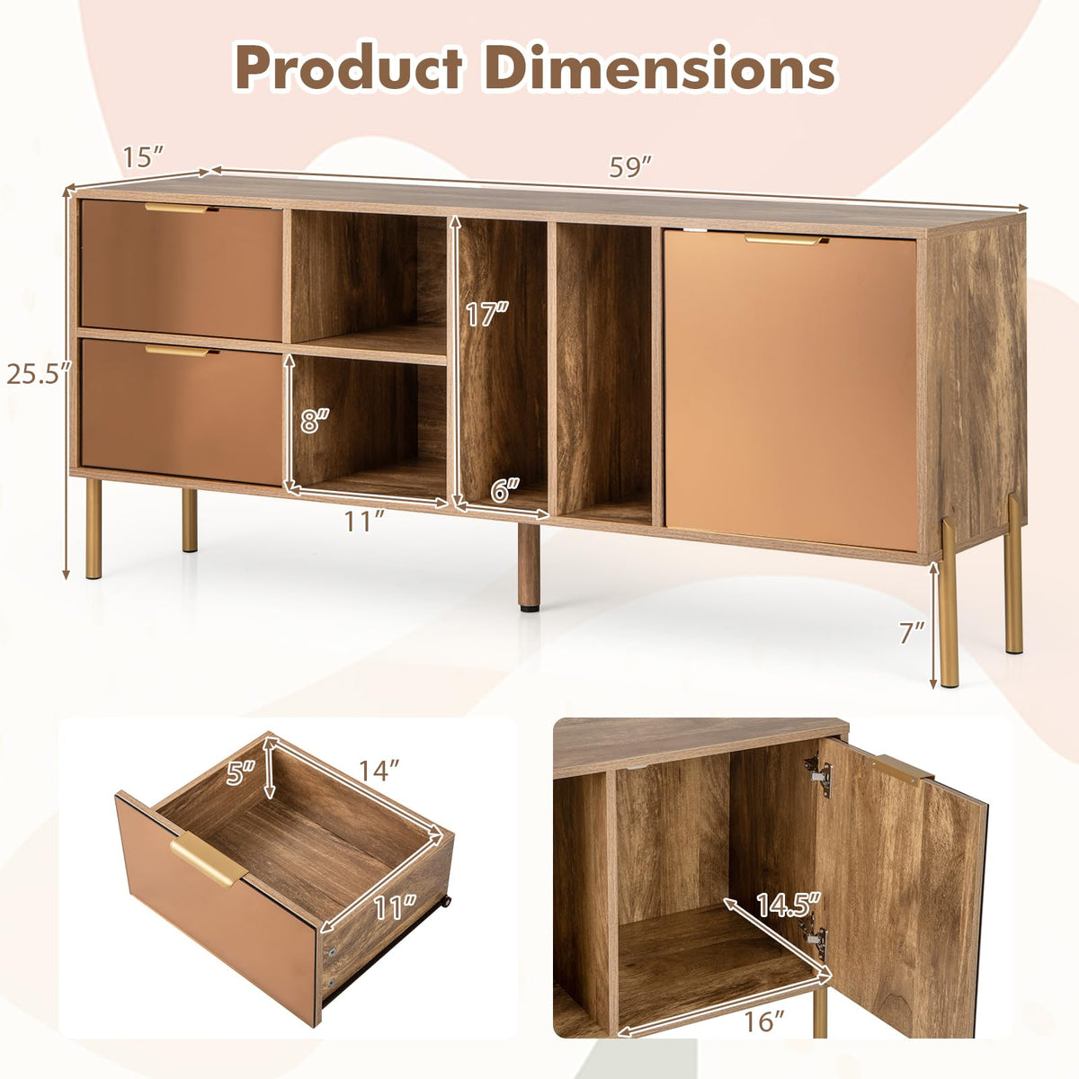 Goflame Mirrored Buffet Cabinet, Wooden Kitchen Sideboard Storage Cabinet w/2 Drawers & 1 Door Accent Cabinet