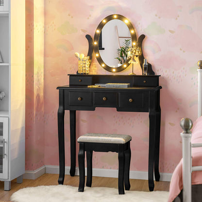Vanity Set with 360° Rotating Oval Makeup Mirror, Dressing Table & Cushioned Stool Set with 5 Sliding Drawers & 12 LED Lights