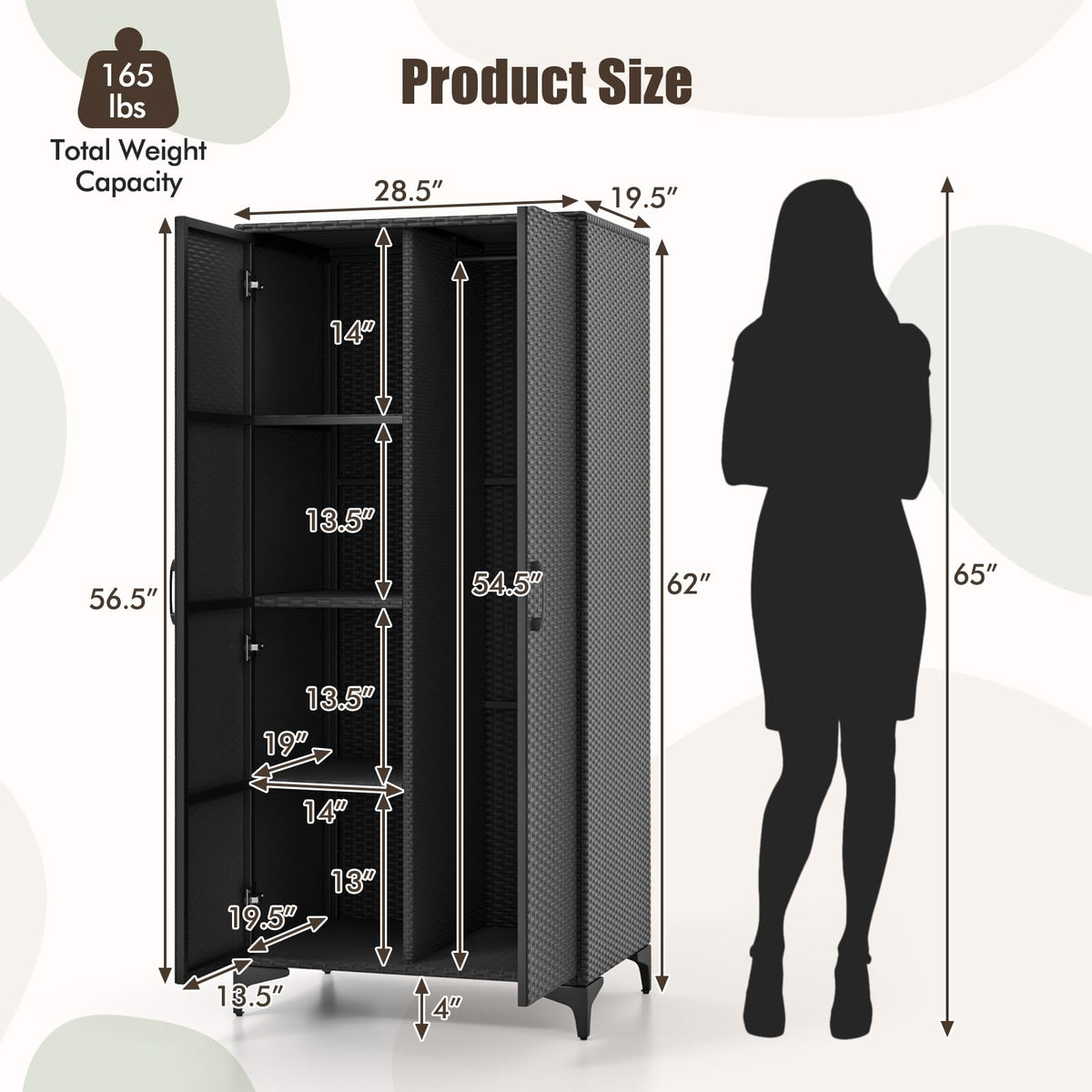 Goflame Wicker Storage Cabinet, 62” Tall Pantry Cabinet with 2 Doors, Hanging Rod, 4 Storage Cubes