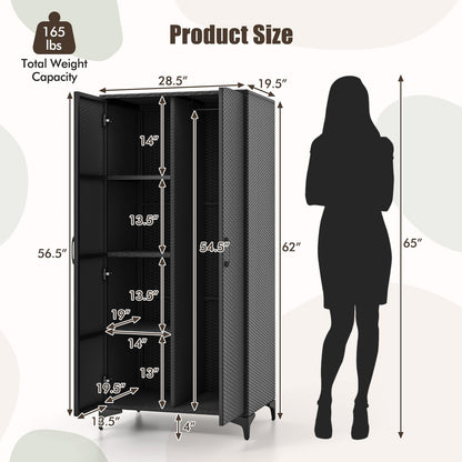 Goflame Wicker Storage Cabinet, 62” Tall Pantry Cabinet with 2 Doors, Hanging Rod, 4 Storage Cubes