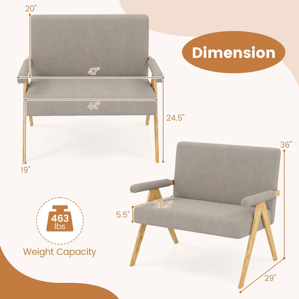 Goflame Loveseat Sofa with Armrests and Wooden Legs