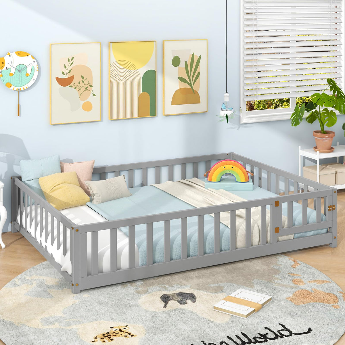 Goflame Full Size Floor Bed for Kids, Montessori Floor Bed with Wood Slats & Safety Guardrails