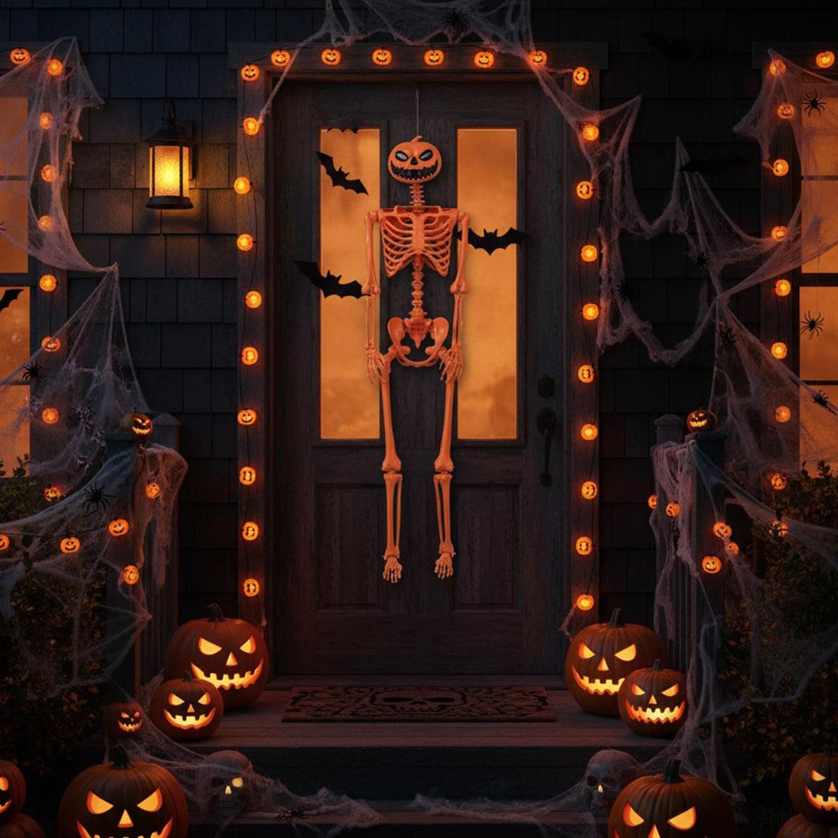 Goflame 5.2 Ft Life-Size Posable Skeleton with Pumpkin Head Halloween Orange Skeleton Decoration