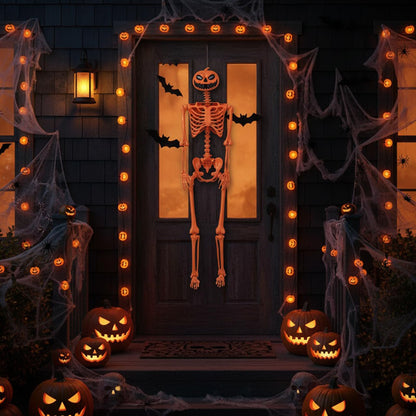 Goflame 5.2 Ft Life-Size Posable Skeleton with Pumpkin Head Halloween Orange Skeleton Decoration