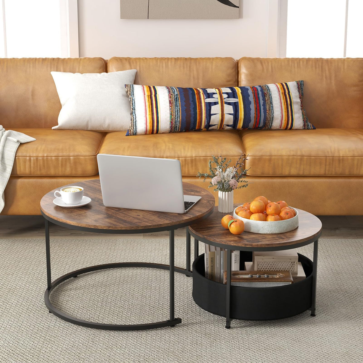 Goflame 31.5" Round Coffee Table with Removable Fabric Basket & Metal Frame