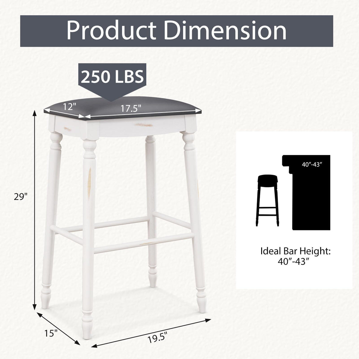 Goflame Bar Stools, 29"/24" Bar Height Saddle Stools w/Padded Seat, Rubber Wood Legs, Footrests & Antiqued Surface
