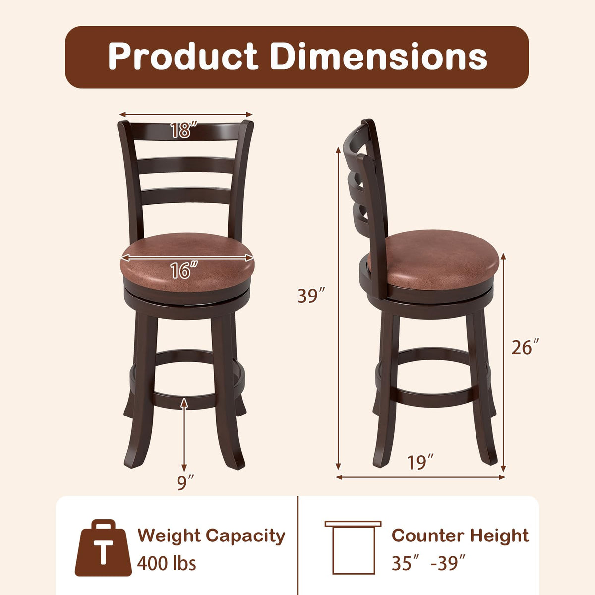 Goflame 26" Counter Height Swivel Barstools Set of 2/4 with Faux Leather Seat and Wrap-around Footrest