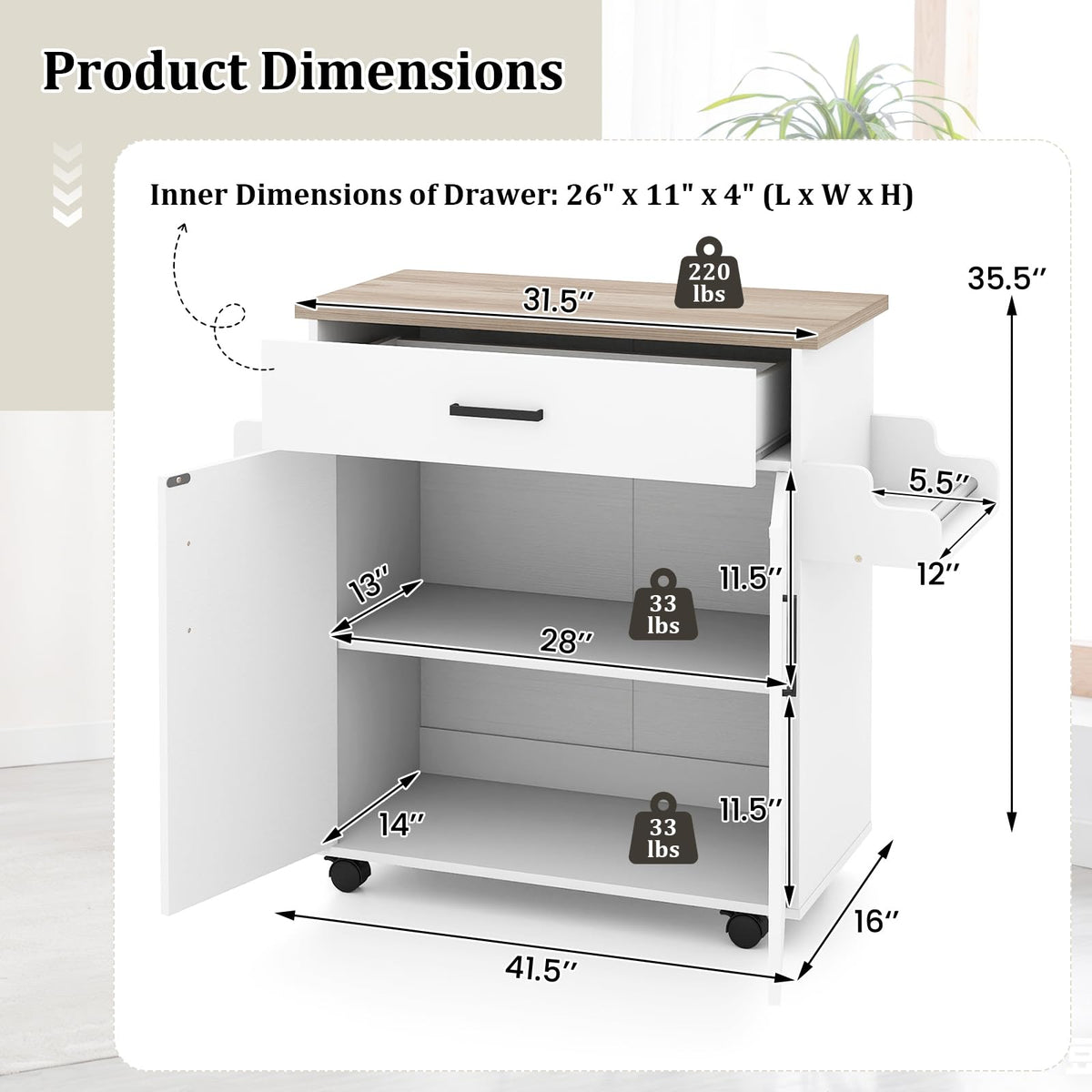 Goflame Kitchen Island with Storage 41.5" W Rolling Island Table