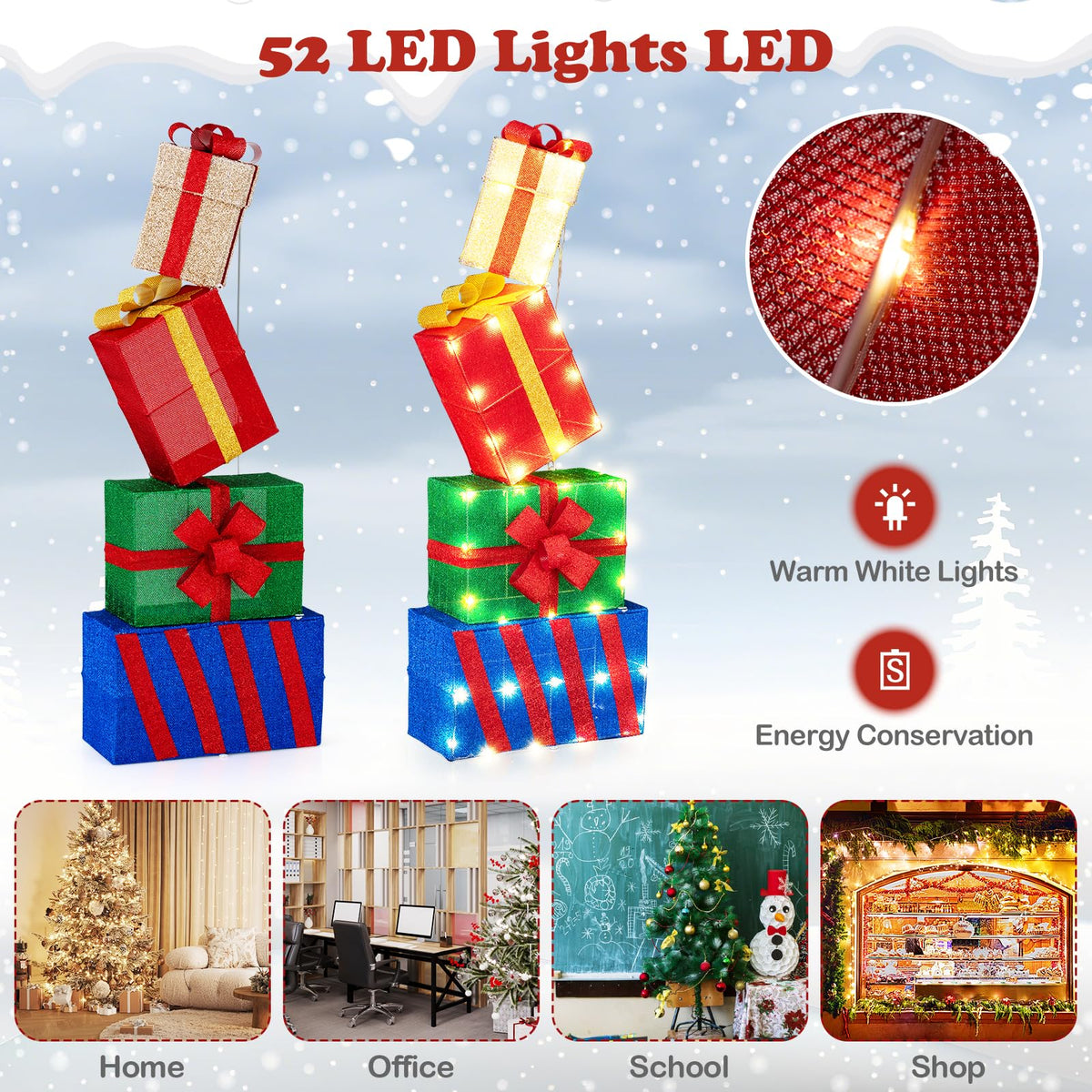 Goflame Christmas Lighted Gift Boxes Set of 4 | Light Up Present Boxes with Colorful Bows