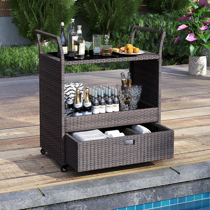 Goflame Rolling Wicker Cart W/Shelves and Big Drawer for Dining Room