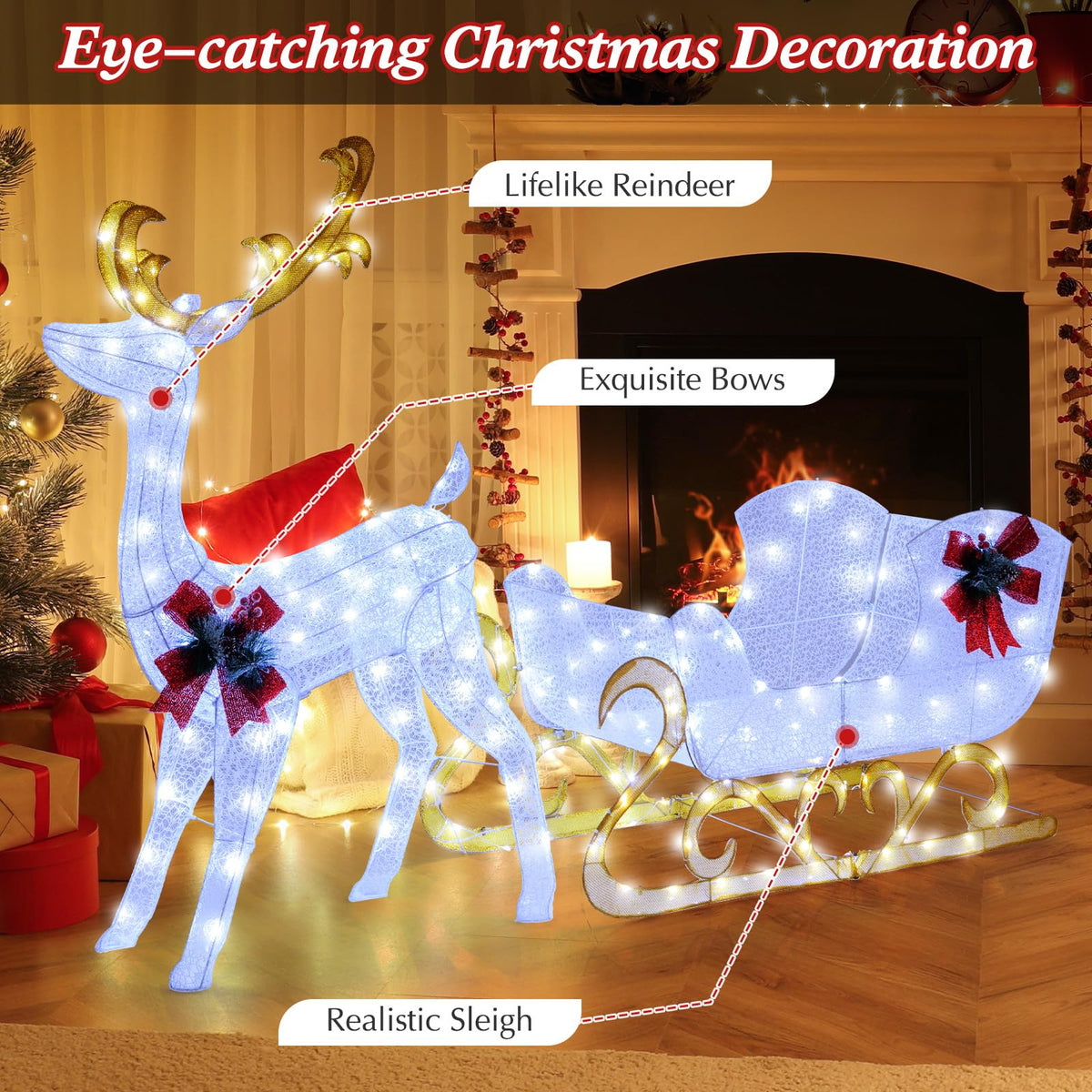 Goflame Lighted Christmas Reindeer and Sleigh w/ 215 LED Lights