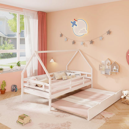 Goflame Twin House Bed with Trundle, Wood Kids Bed Frame with Roof & Fence Rails