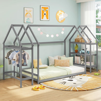 Goflame Twin Floor Bed, Wood Montessori Floor Bed with Detachable 3 Tier Storage Bookshelf & Clothes Rack