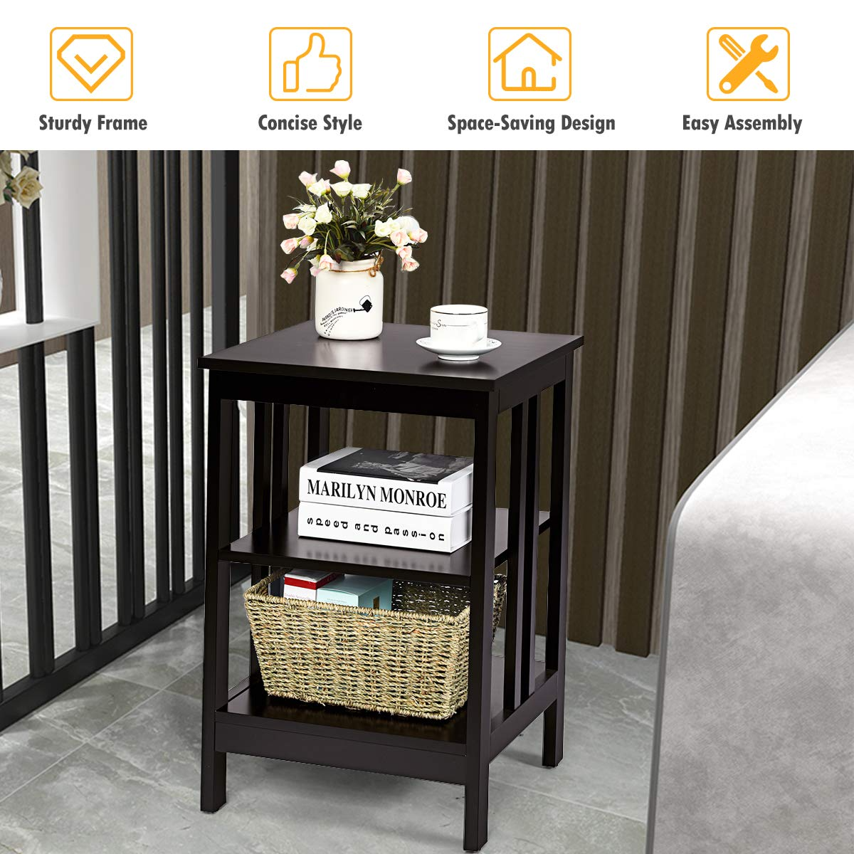 Goflame Nightstand 3-Tier Sofa Side Table W/Reinforced Bars and Stable Structure