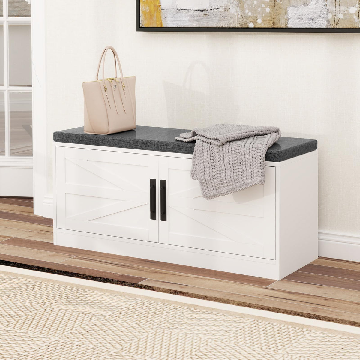 Goflame Shoe Storage Bench with Cushion, 2-Tier Entryway Bench w/2 Barn Doors & 2 Adjustable Shelves