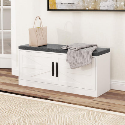 Goflame Shoe Storage Bench with Cushion, 2-Tier Entryway Bench w/2 Barn Doors & 2 Adjustable Shelves