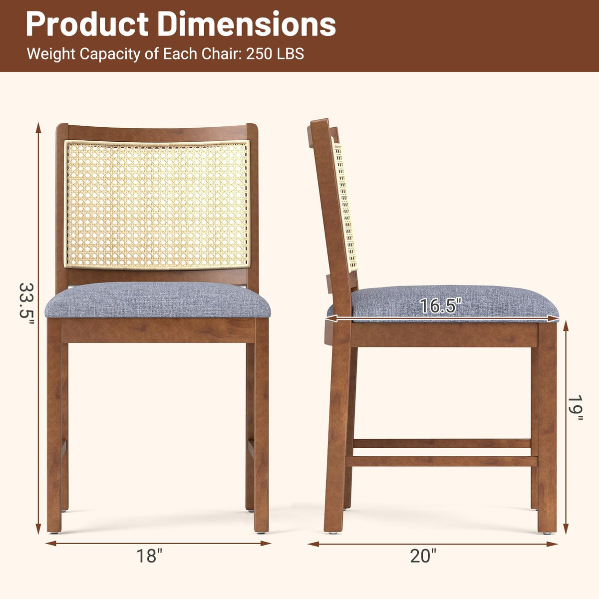 Goflame Rattan Dining Chairs Set of 2/4, Modern Upholstered Kitchen Chairs w/Rubber Wood Frame