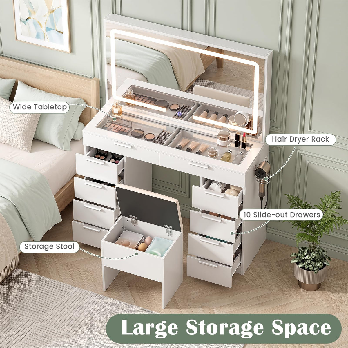 White Vanity Desk with Mirror, Lights, Charging Station, Glass Top