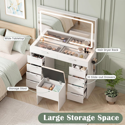 White Vanity Desk with Mirror, Lights, Charging Station, Glass Top