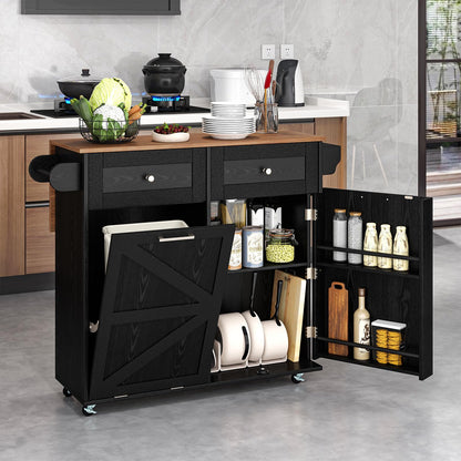 Goflame Kitchen Island Cart with Hidden Tilt Out Trash Can Cabinet, Drop Leaf, 2 Drawers, Towel Rack
