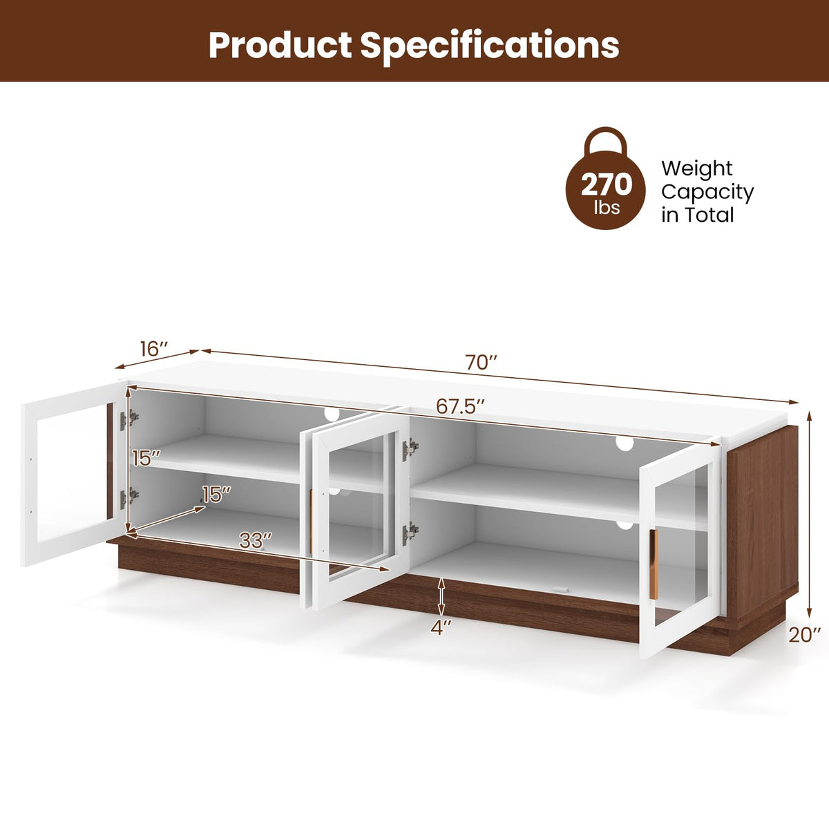Goflame Large TV Stand for TVs up to 75”, Entertainment Center with 4 Tempered Glass Doors