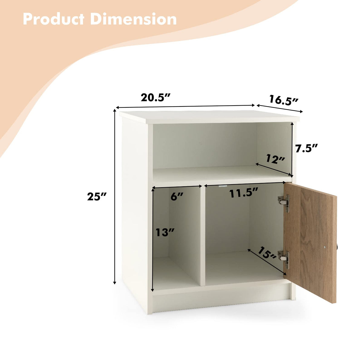 Goflame White Nightstand Set of 2, 25" Tall End Side Table with 1 Door & 2 Open Shelves