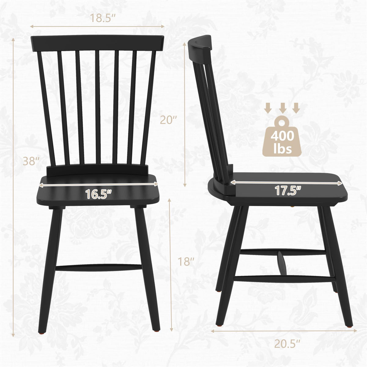 Goflame Windsor Dining Chairs Set of 2/4 Black, w/Wide Seat & Spindle Back, Max Load 400 Lbs