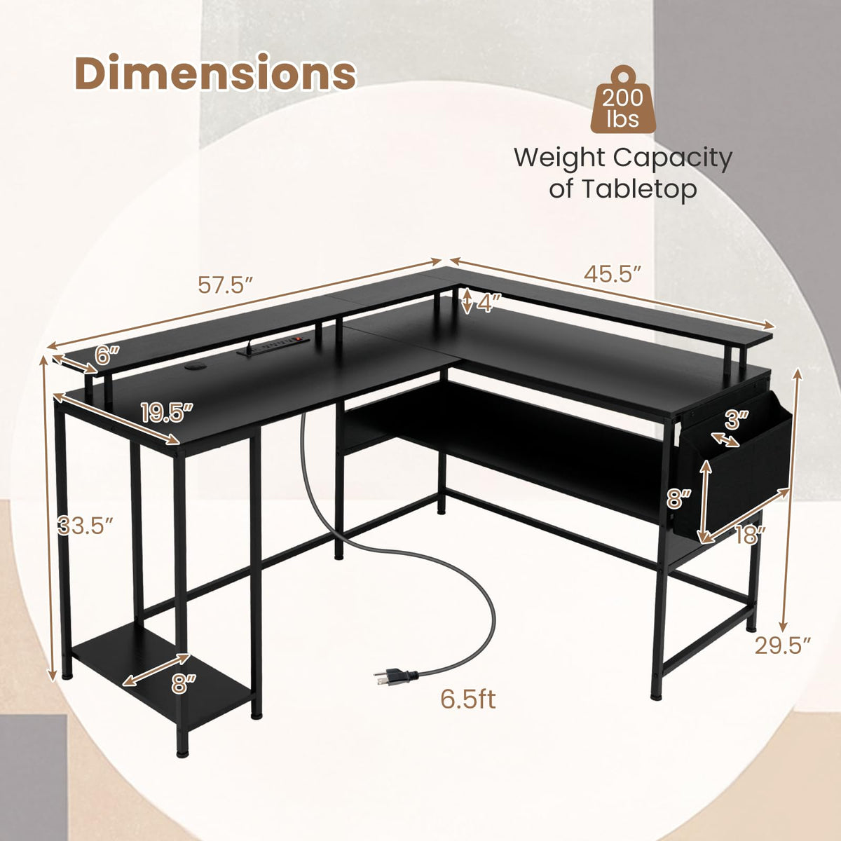 Goflame L Shaped Desk with LED Light & Power Outlets Ergonomic Home Office Desk
