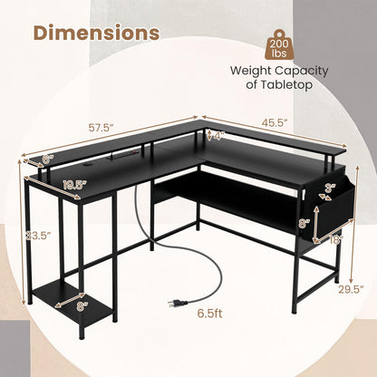Goflame L Shaped Desk with LED Light & Power Outlets Ergonomic Home Office Desk