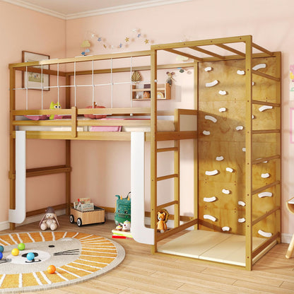 Goflame Twin Bunk Bed with Jungle Gym Wooden Loft Bed with Climbing Ladder