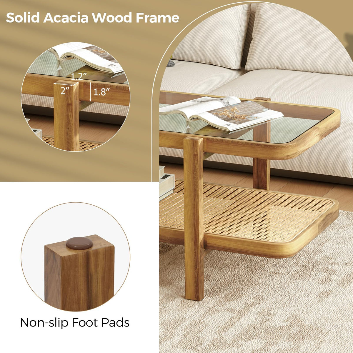Goflame Rattan Coffee Table, 47.5" Rectangle Solid Wood Tea Table w/Tempered Glass Tabletop