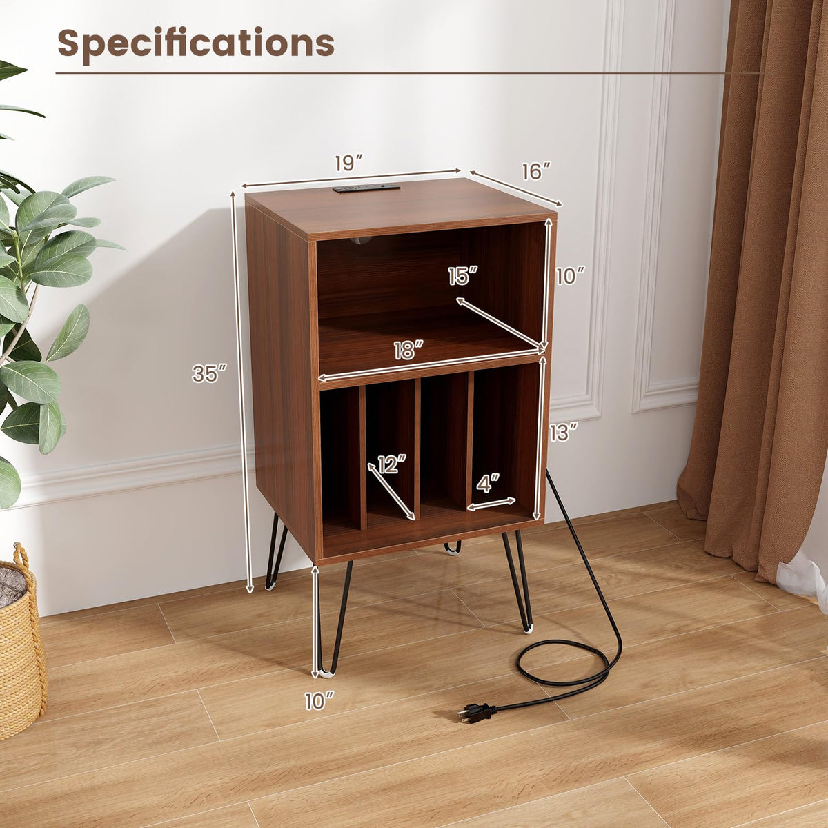 Goflame Record Player Stand with Charging Station Turntable Cabinet with Record Storage & Metal Legs