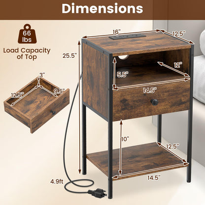 Goflame Night Stand with Charging Station for Bedroom Small Spaces