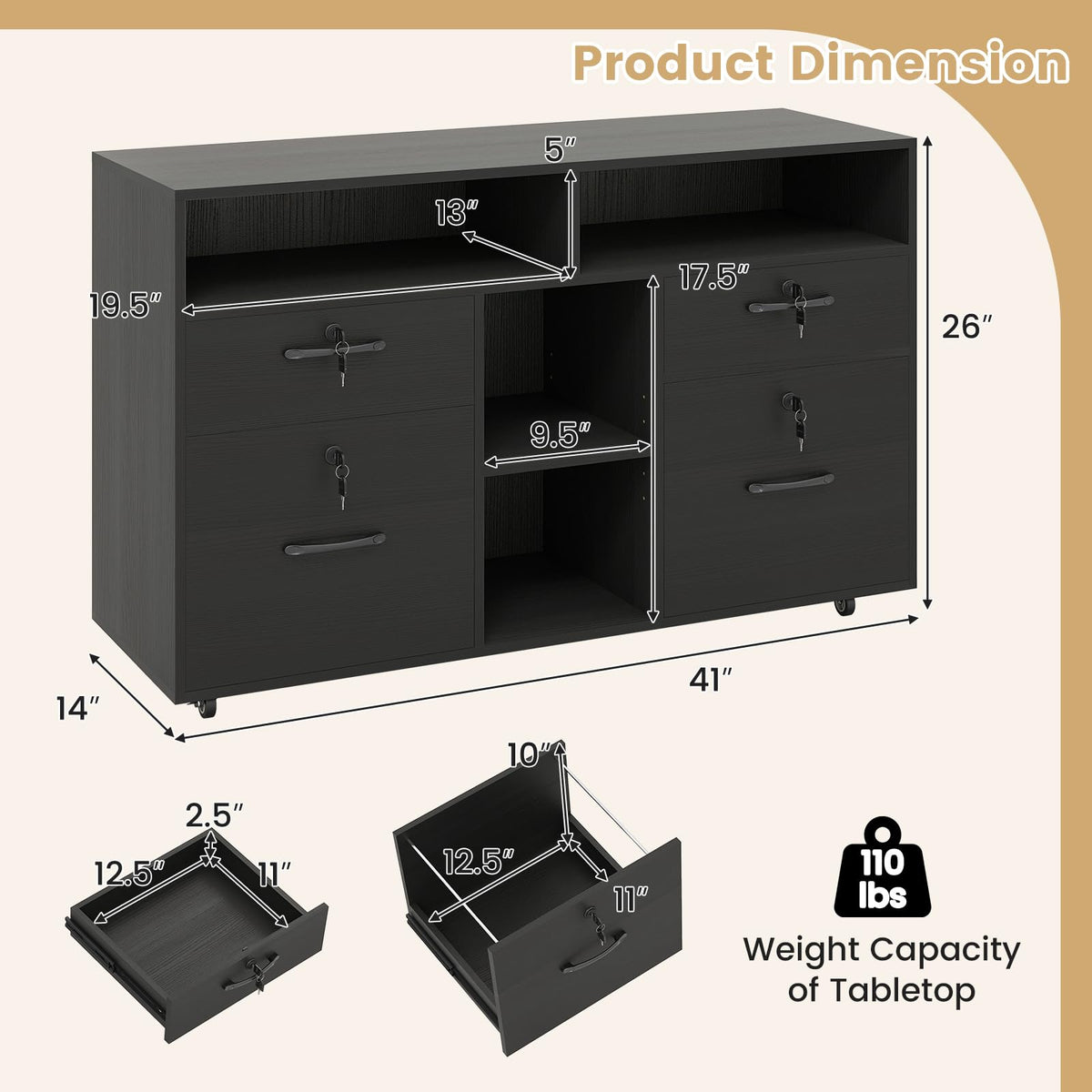 Goflame 4-Drawer Lateral File Cabinet with Lock & 5 Rolling Wheels (2 Lockable)