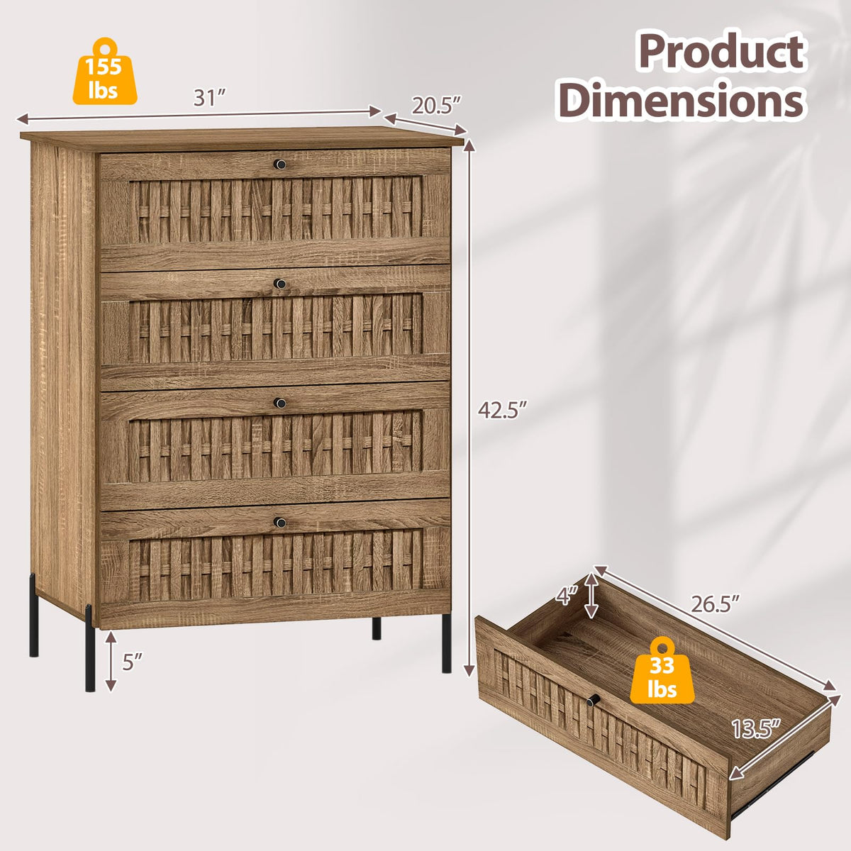 Goflame 4-Drawer Dresser with Interlocking Mechanism and Metal Legs for Bedroom