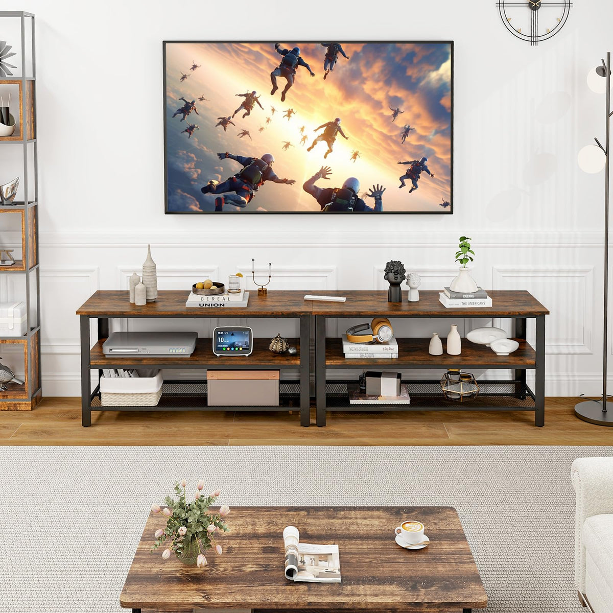 Goflame TV Stand for Bedroom and Living Room - 3-Tier Industrial Entertainment Center with Open Storage Shelves