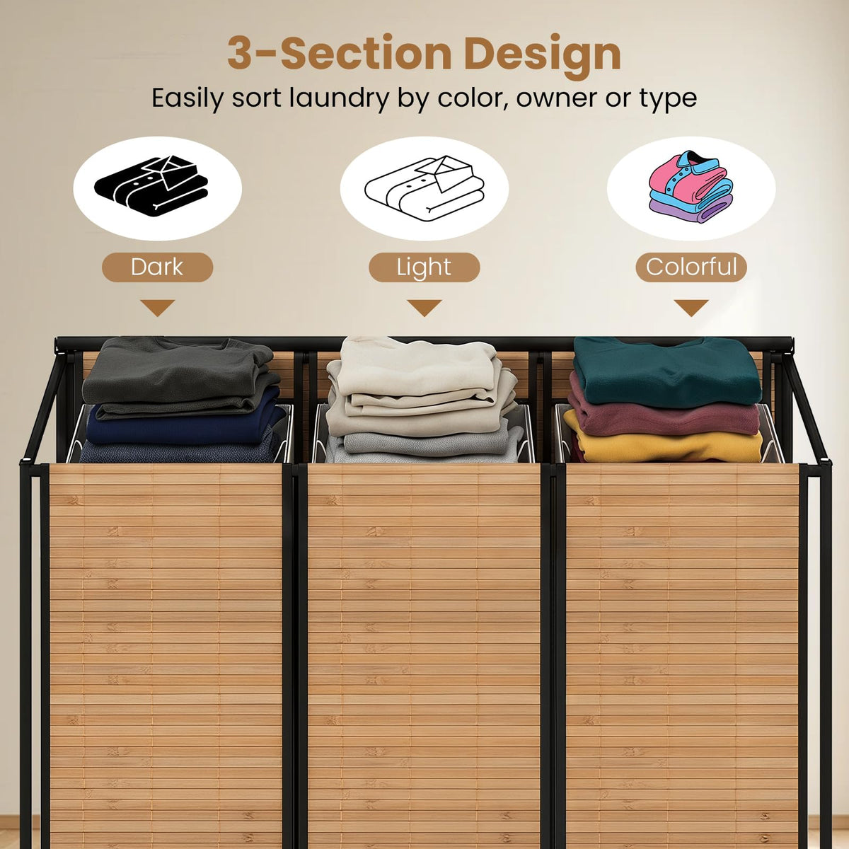 Goflame Laundry Hamper Sorter 3 Section with Lid