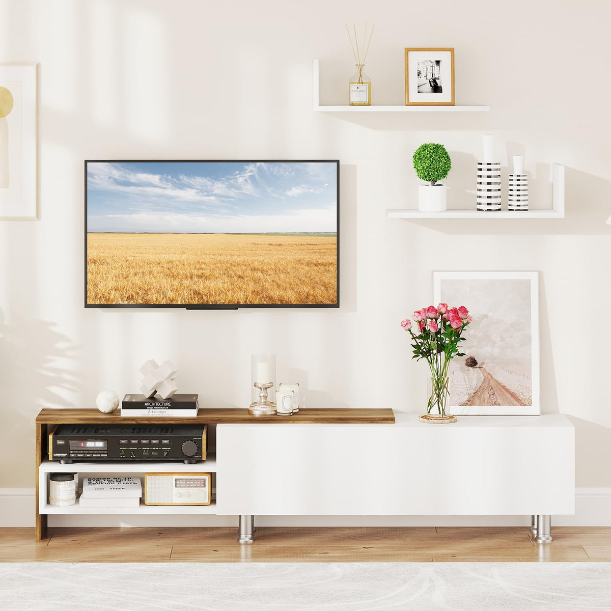 Goflame 80 Inch TV Stand and 2 Floating Shelves Set