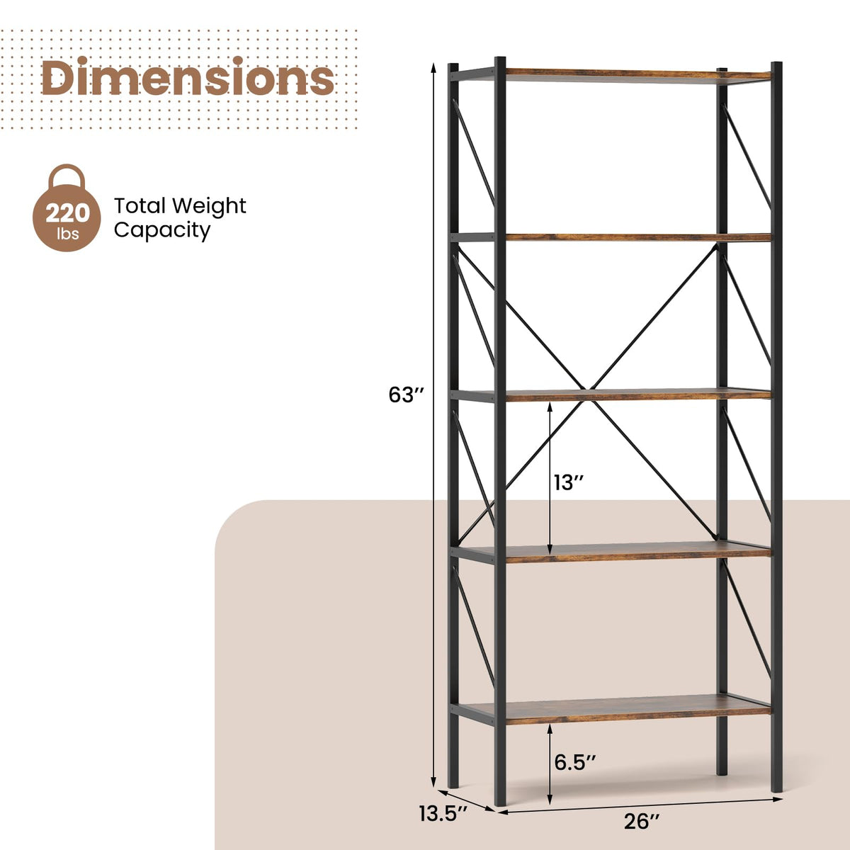 Goflame 5-Tier Bookshelf, Industrial Tall Bookcase with Open Storage Shelves & Heavy Duty Metal Frame