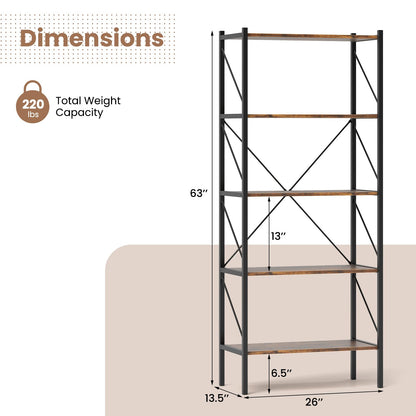 Goflame 5-Tier Bookshelf, Industrial Tall Bookcase with Open Storage Shelves & Heavy Duty Metal Frame