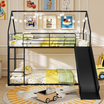 Goflame Twin Over Twin Bunk Bed with Slide & Ladder House-Shaped Metal Bunk Bed Frame with Safety Guardrail & Roof