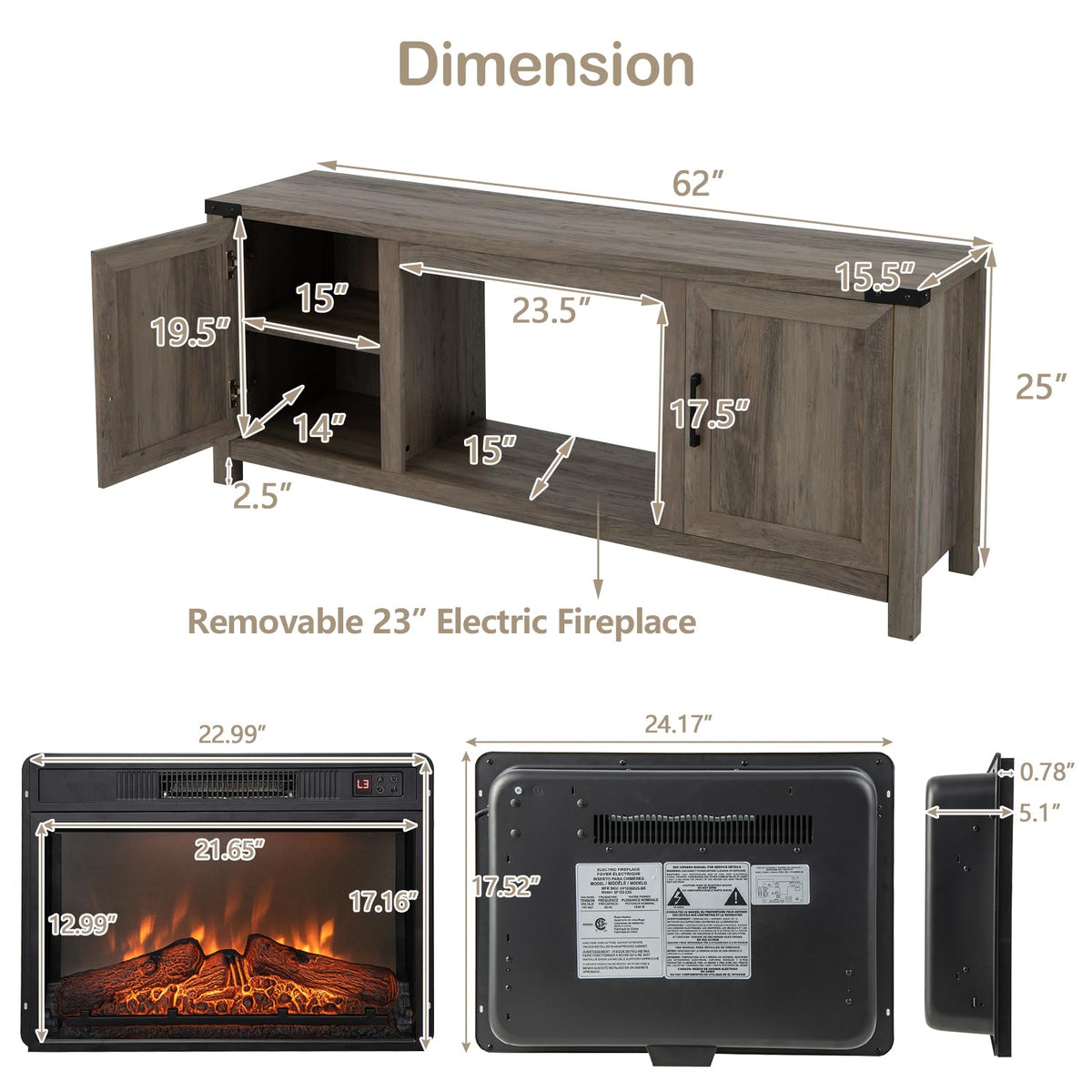 GOFLAME Fireplace TV Stand for TVs Up to 70 Inches with Electric Fireplace and Remote Control