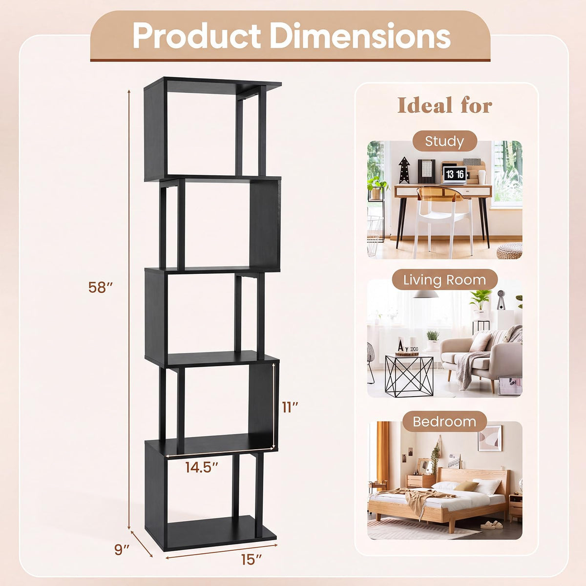 Goflame 5-Tier S-Shaped Wood Bookcase w/Metal Frame (1/2)
